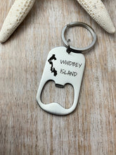 Load image into Gallery viewer, Whidbey Island - stainless steel bottle opener keychain - gift for him - gift for husband - beer bottle opener key ring - Island silhouette
