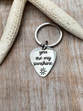 Load image into Gallery viewer, Stainless steel Guitar Pick keychain, You are my sunshine with sun design, Engraved Guitar Pick, Inspirational, Gift for him, key chain
