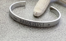 Load image into Gallery viewer, wanderlust - Hand stamped aluminum bracelet, 1/4 Inch Bangle Silver tone Cuff Bracelet, Lightweight, Traveler - wanderer - arrow design