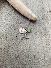 Load image into Gallery viewer, Runner Girl Sterling Silver Charm Necklace, Swarovski Crystal Birthstone, Hand Stamped Initial Charm, Run Necklace - gift for runner