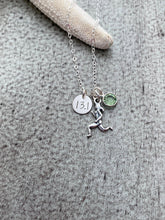 Load image into Gallery viewer, 13.1 Half Marathon Sterling Silver Necklace, Runner Girl Charm, Distance number disc, Swarovski Crystal Birthstone, Run Commemorative Gift