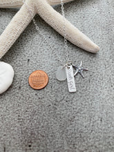 Load image into Gallery viewer, Genuine Sea Glass Beach Girl Necklace - Personalized Choice of Color - Sterling Silver Starfish - SeaGlass Hand Stamped rectangle bar Beach