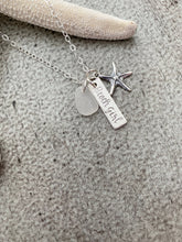 Load image into Gallery viewer, Genuine Sea Glass Beach Girl Necklace - Personalized Choice of Color - Sterling Silver Starfish - SeaGlass Hand Stamped rectangle bar Beach