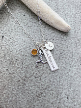 Load image into Gallery viewer, live love run necklace Sterling silver with birthstone and personalized initial disc - gift for runner - birthday gift for her
