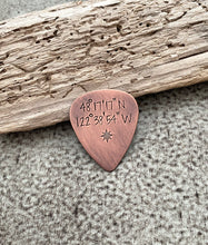 Load image into Gallery viewer, Custom Coordinates guitar pick - Rustic copper - gift for him - Special location, Latitude Longitude, GPS coordinates - Compass
