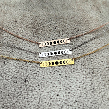 Load image into Gallery viewer, Phases of the moon necklace - Stainless steel silver, rose gold, or gold - gift for her - custom word - horizontal bar necklace