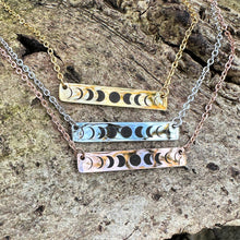Load image into Gallery viewer, Phases of the moon necklace - Stainless steel silver, rose gold, or gold - gift for her - custom word - horizontal bar necklace