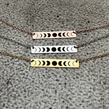 Load image into Gallery viewer, Phases of the moon necklace - Stainless steel silver, rose gold, or gold - gift for her - custom word - horizontal bar necklace