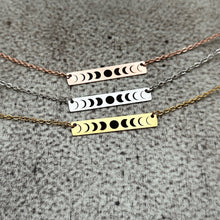 Load image into Gallery viewer, Phases of the moon necklace - Stainless steel silver, rose gold, or gold - gift for her - custom word - horizontal bar necklace