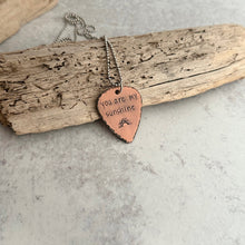 Load image into Gallery viewer, you are my sunshine- Hand stamped copper guitar pick necklace - stainless steel ball chain - gift for music lover - music style