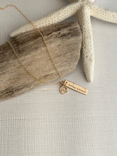 Load image into Gallery viewer, make waves, 14k gold filled necklace with make waves quote bar and bronze wave charm, summer beach jewelry