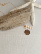 Load image into Gallery viewer, make waves, 14k gold filled necklace with make waves quote bar and bronze wave charm, summer beach jewelry