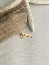 Load image into Gallery viewer, make waves, 14k gold filled necklace with make waves quote bar and bronze wave charm, summer beach jewelry