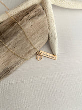 Load image into Gallery viewer, make waves, 14k gold filled necklace with make waves quote bar and bronze wave charm, summer beach jewelry