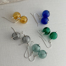 Load image into Gallery viewer, Sterling Silver Blown Glass Fishing Float Earrings, Beach Dangle earrings, beachcomber earrings, blue, yellow, teal, gray