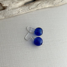 Load image into Gallery viewer, Sterling Silver Blown Glass Fishing Float Earrings, Beach Dangle earrings, beachcomber earrings, blue, yellow, teal, gray