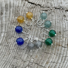 Load image into Gallery viewer, Sterling Silver Blown Glass Fishing Float Earrings, Beach Dangle earrings, beachcomber earrings, blue, yellow, teal, gray