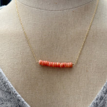 Load image into Gallery viewer, Peach Coral Bar necklace - gold filled beaded bar necklace - Orange gemstone bar necklace - simple modern beach jewelry - salmon pink