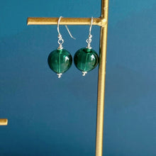 Load image into Gallery viewer, Sterling Silver Blown Glass Fishing Float Earrings, Beach Dangle earrings, beachcomber earrings, blue, yellow, teal, gray