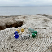 Load image into Gallery viewer, Sterling Silver Blown Glass Fishing Float Earrings, Beach Dangle earrings, beachcomber earrings, blue, yellow, teal, gray