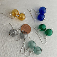 Load image into Gallery viewer, Sterling Silver Blown Glass Fishing Float Earrings, Beach Dangle earrings, beachcomber earrings, blue, yellow, teal, gray