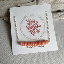 Load image into Gallery viewer, Peach Coral Bar necklace - gold filled beaded bar necklace - Orange gemstone bar necklace - simple modern beach jewelry - salmon pink