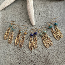 Load image into Gallery viewer, Mussel Shell Earrings - gold with aqua Czech glass beads - dangle earrings - choice of color, blue, mint sea inspired beach earrings