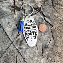 Load image into Gallery viewer, always take the scenic route - stainless steel motel fob keychain - faux leather tassel - gift for friend - outdoor theme