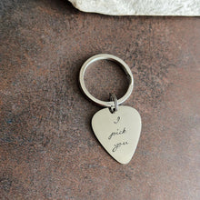 Load image into Gallery viewer, I pick you guitar pick keychain - silver aluminum - hand stamped - gift for him - gift for husband, boyfriend - music lover - cursive font