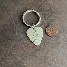 Load image into Gallery viewer, I pick you guitar pick keychain - silver aluminum - hand stamped - gift for him - gift for husband, boyfriend - music lover - cursive font