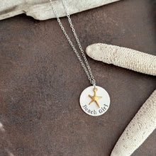 Load image into Gallery viewer, Beach Girl Necklace, Silver and Gold, Sterling silver disc hand stamped with Gold vermeil starfish, Beach Jewelry, Mixed metal necklace