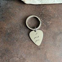 Load image into Gallery viewer, I pick you guitar pick keychain - silver aluminum - hand stamped - gift for him - gift for husband, boyfriend - music lover - cursive font