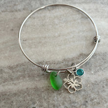 Load image into Gallery viewer, Hibiscus flower charm bracelet, silver or gold stainless steel, genuine sea glass and crystal birthstone
