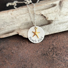 Load image into Gallery viewer, Beach Girl Necklace, Silver and Gold, Sterling silver disc hand stamped with Gold vermeil starfish, Beach Jewelry, Mixed metal necklace