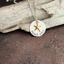 Load image into Gallery viewer, Beach Girl Necklace, Silver and Gold, Sterling silver disc hand stamped with Gold vermeil starfish, Beach Jewelry, Mixed metal necklace