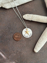 Load image into Gallery viewer, Beach Girl Necklace, Silver and Gold, Sterling silver disc hand stamped with Gold vermeil starfish, Beach Jewelry, Mixed metal necklace