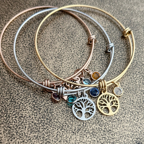 stainless steel Family Tree of life bracelet - rose gold, gold or silver, Grandma Jewelry - adjustable wire bangle bracelet with birthstones