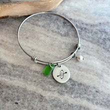 Load image into Gallery viewer, Kayak bracelet stainless steel adjustable wire bangle - genuine sea glass and Swarovski crystal Pearl - Pewter Pebble Coin - Paddler charm