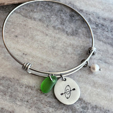 Load image into Gallery viewer, Kayak bracelet stainless steel adjustable wire bangle - genuine sea glass and Swarovski crystal Pearl - Pewter Pebble Coin - Paddler charm