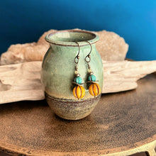 Load image into Gallery viewer, Teal and mustard yellow earrings - Czech glass bead earrings with Brass patterned discs - Bohemian earrings - Dangle earrings