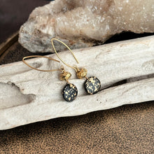 Load image into Gallery viewer, Black and gold Czech glass earrings - circle and faceted beads - dangle earrings - splatter design