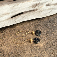 Load image into Gallery viewer, Black and gold Czech glass earrings - circle and faceted beads - dangle earrings - splatter design