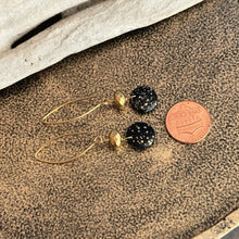 Load image into Gallery viewer, Black and gold Czech glass earrings - circle and faceted beads - dangle earrings - splatter design