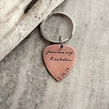 Load image into Gallery viewer, you are my rockstar - personalized with date - Rustic guitar pick keychain Hand Stamped Copper Guitar Pick, 18g, Gift for him under 30