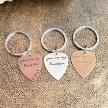Load image into Gallery viewer, you are my rockstar - personalized with date - Rustic guitar pick keychain Hand Stamped Copper Guitar Pick, 18g, Gift for him under 30