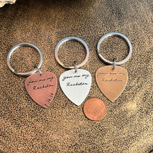 Load image into Gallery viewer, you are my rockstar - personalized with date - Rustic guitar pick keychain Hand Stamped Copper Guitar Pick, 18g, Gift for him under 30