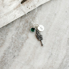 Load image into Gallery viewer, Pacific Northwest Pine Tree charm necklace, sterling silver, Personalized charm initial with birthstone crystal, PNW gift idea
