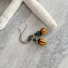 Load image into Gallery viewer, Teal and mustard yellow earrings - Czech glass bead earrings with Brass patterned discs - Bohemian earrings - Dangle earrings