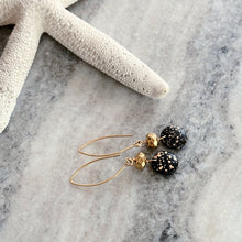 Load image into Gallery viewer, Black and gold Czech glass earrings - circle and faceted beads - dangle earrings - splatter design