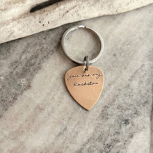 Load image into Gallery viewer, you are my rockstar - personalized with date - Rustic guitar pick keychain Hand Stamped Copper Guitar Pick, 18g, Gift for him under 30